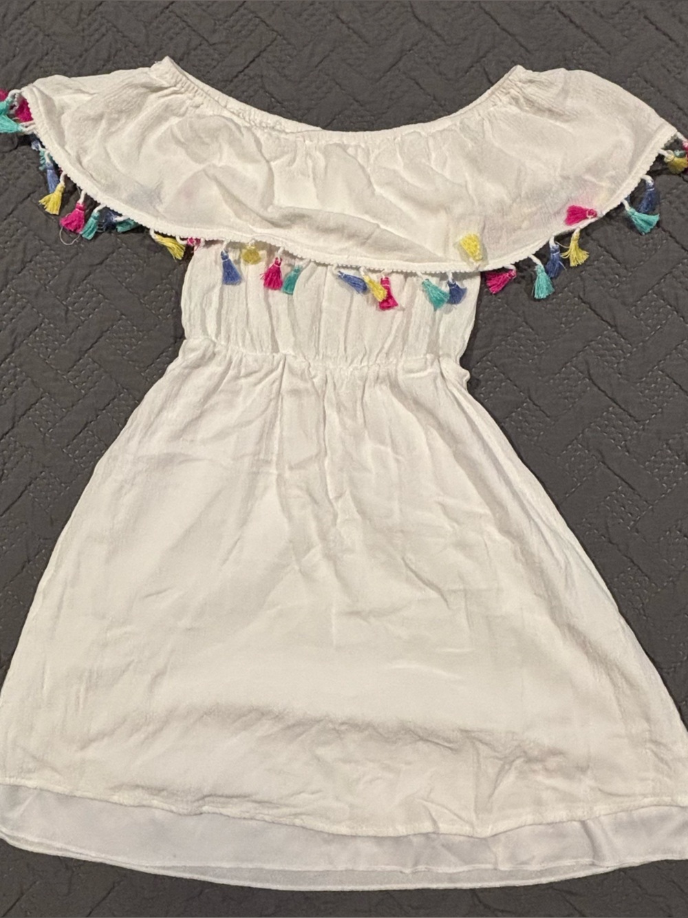 Blue Rain White Off-Shoulder mini dress with Multicolor Tassels
